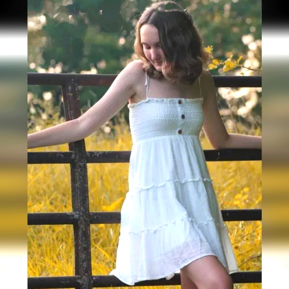 White tiered Textured Mini Dress By Altar’d State - Picture 1 of 8